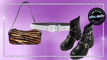 SLICK tiger print shoulder bag, black glitter rhinestone belt, and studded combat boots