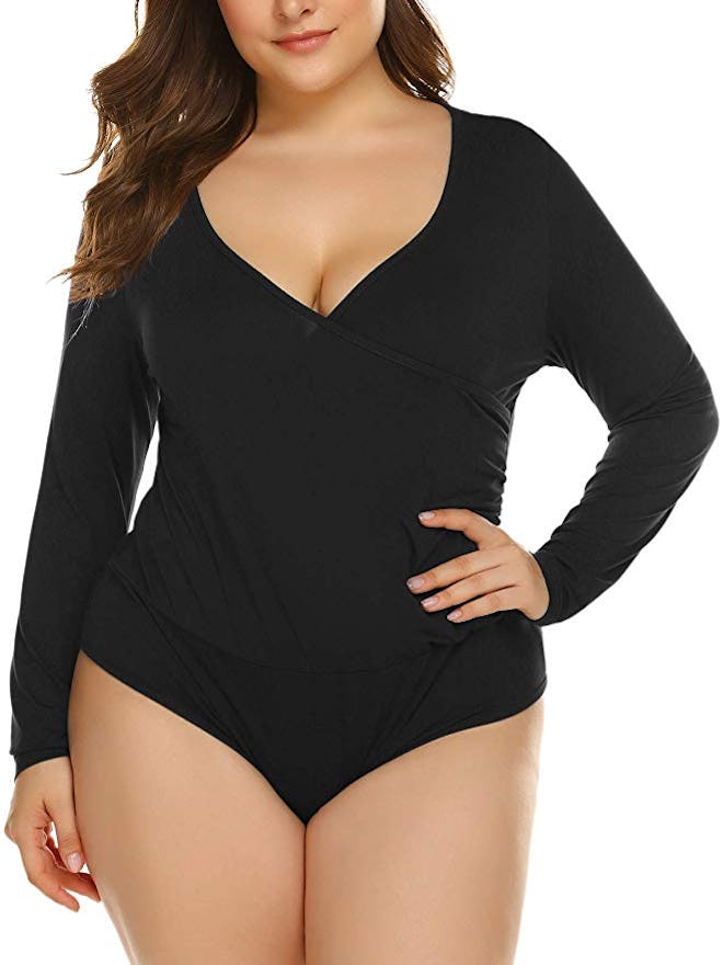 IN'VOLAND Plus Size Long Sleeve Cross Front Bodysuit