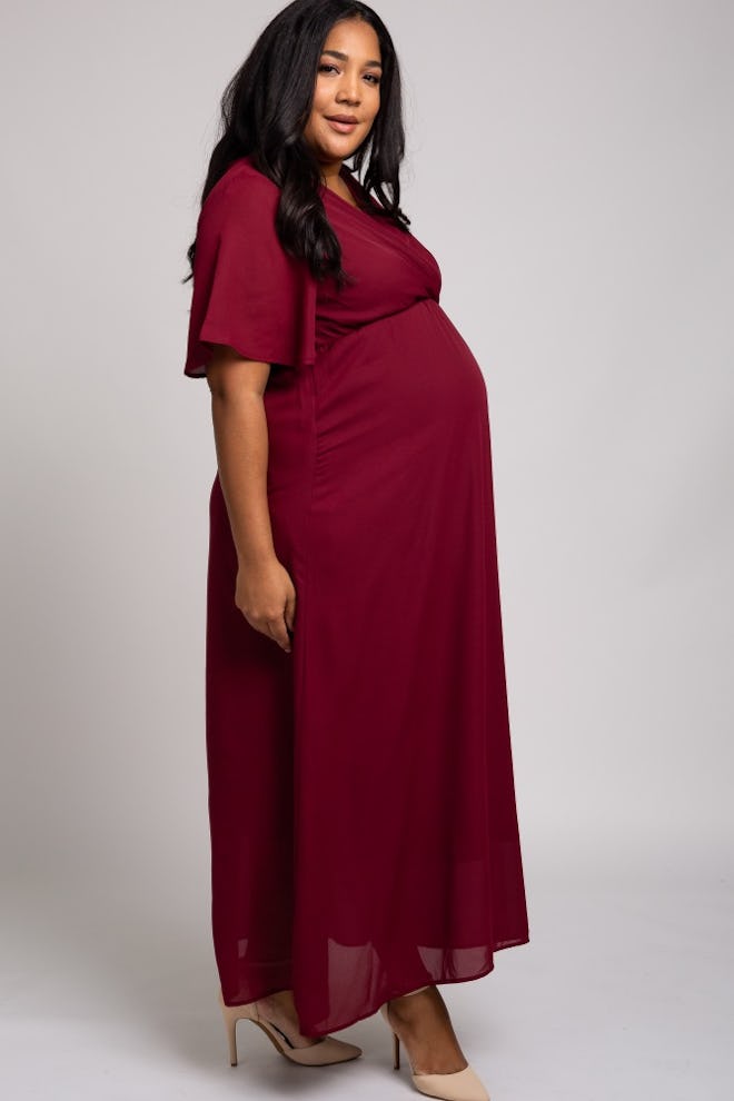 Burgundy Chiffon Bell Sleeve Plus Maternity Maxi Dress