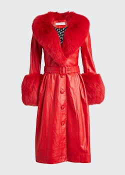 Foxy Long Lamb Leather Fox Fur-Trim Coat, Red