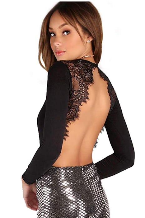 DIDK Women's Long Sleeve Backless Lace Applique Bodysuit