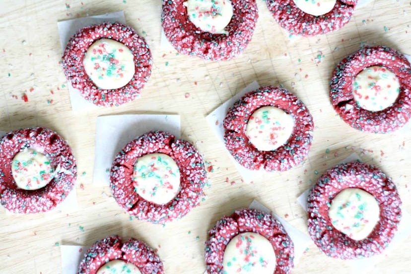 Red velvet crinkle cookies meet cheesecake topping in this unique cookie recipe.