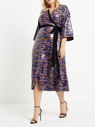 Eloquii Women's Plus Size Printed Sequin Midi Wrap Dress