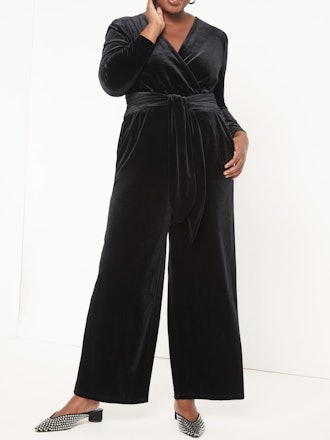 Eloquii Women's Plus Size Tie Front Wrap Velvet Jumpsuit