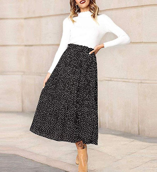 Exlura Womens High Waist Pleated Midi Swing Skirt with Pockets