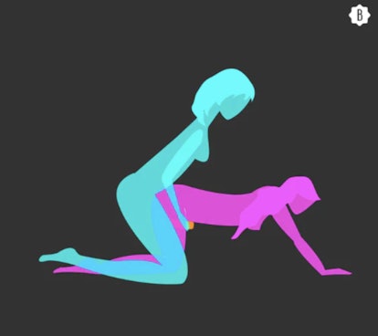 The kneeling reach-around sex position for Sagittarius season can make things more adventurous.