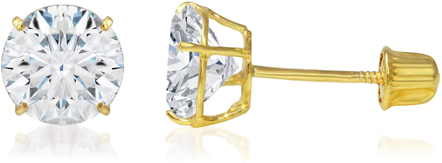 Princess Cut CZ Basket Set Stud Earrings Push On Screw OFF Real 14K Yellow Gold