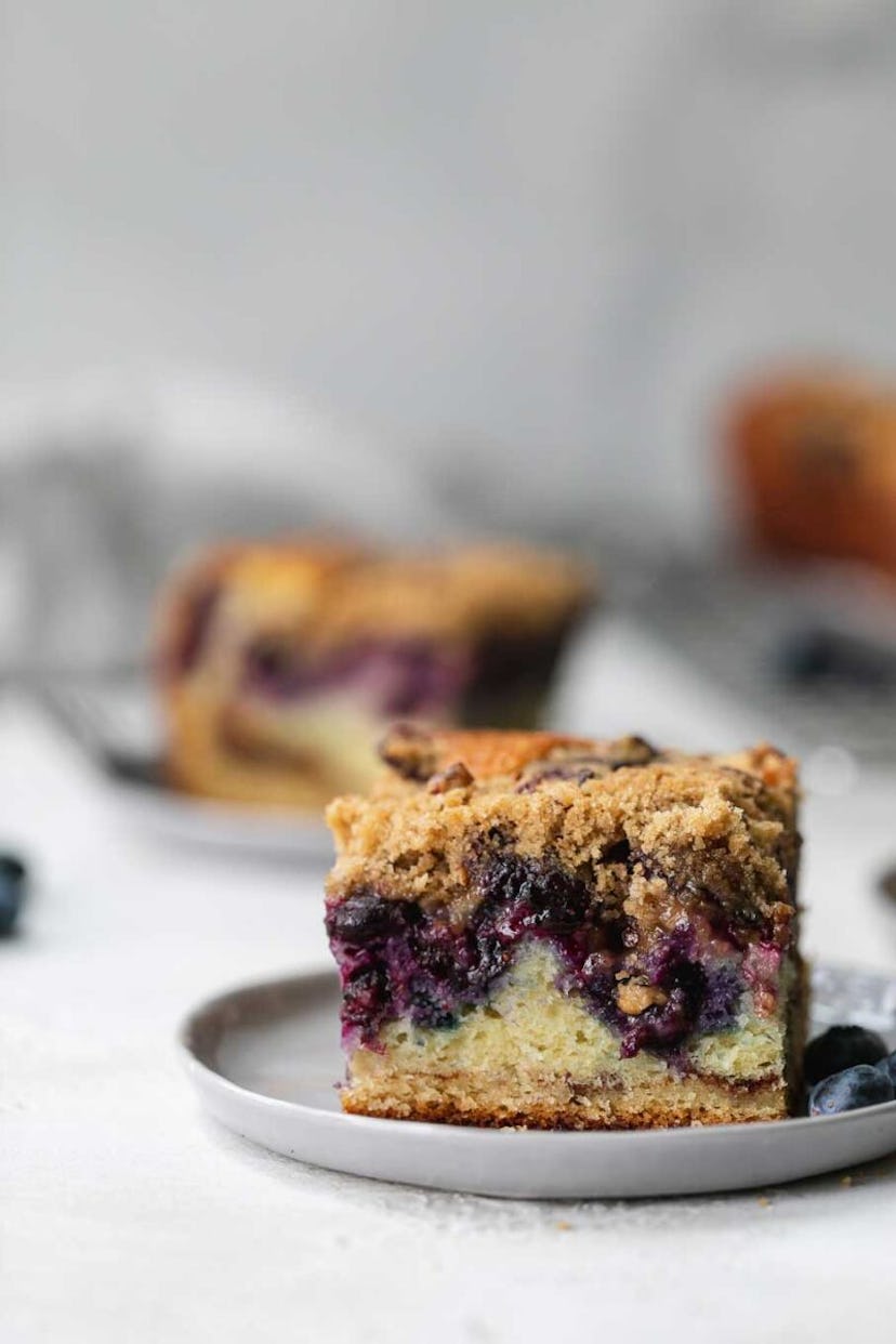 blueberry coffee cake on grey plate 