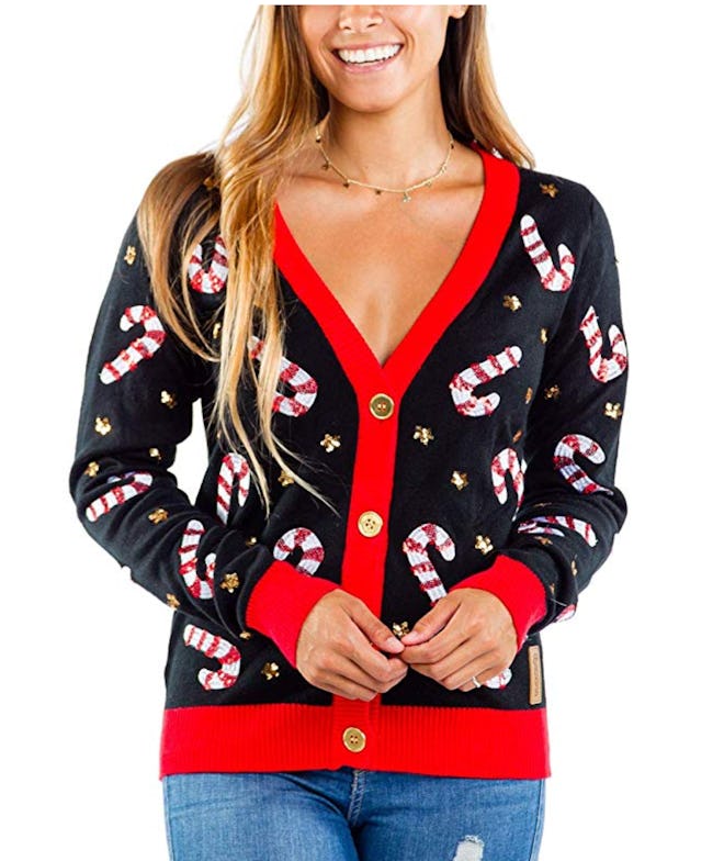 Tipsey Elves Women's Sequin Candy Cane Cardigan