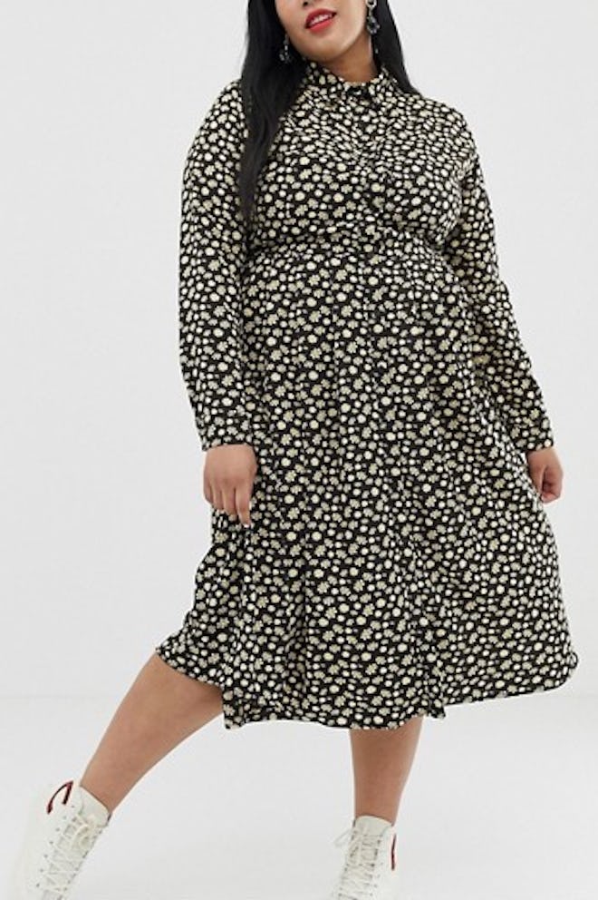 Midi Shirt Dress With Pleated Skirt In Buttercup Floral
