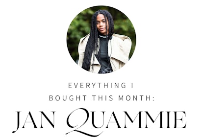  Jan-Michael Quammie in a white trench coat and black sweater with "Everything I Bought This Month" ...