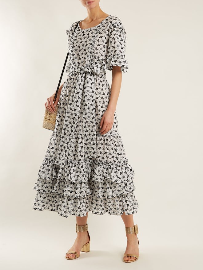 Ruffle-Trimmed Floral-Embroidered Cotton Dress