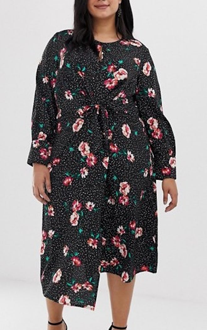 Knot Front Asymmetric Wrap Dress In Floral And Polka Dot Print