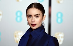 Lily Collins wearing a blue jacket paired with blue sequin skirt at the 2019 BAFTAs