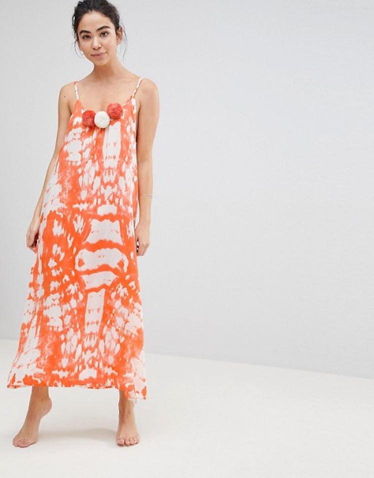 America & Beyond Orange Tie Dye Maxi Beach Dress With Pom Pom Details
