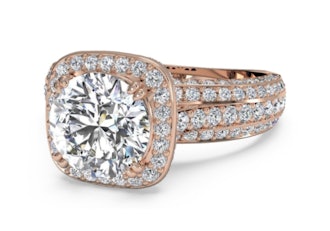 Masterwork Cushion Halo Triple Diamond Band Engagement Ring With Surprise Diamonds - Rose Gold, Sett...