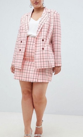 Unique 21 Hero Double Breasted Blazer & Mini Skirt In Pink Check Two-Piece