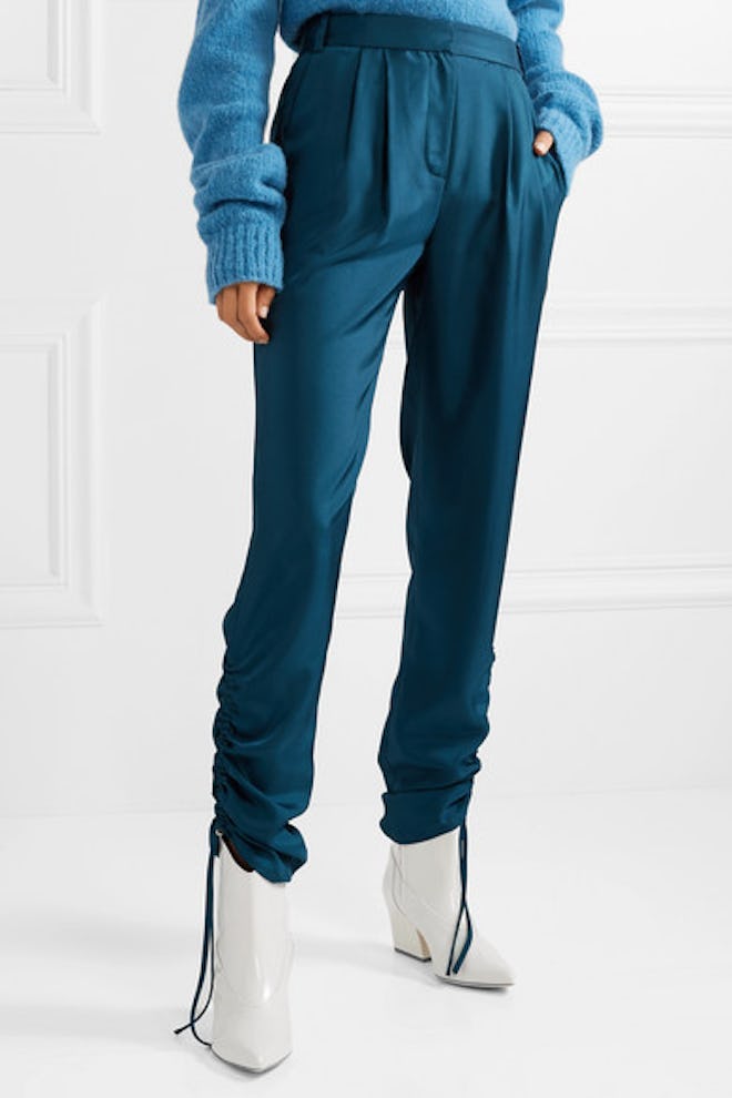 Ruched Satin-Twill Tapered Pants