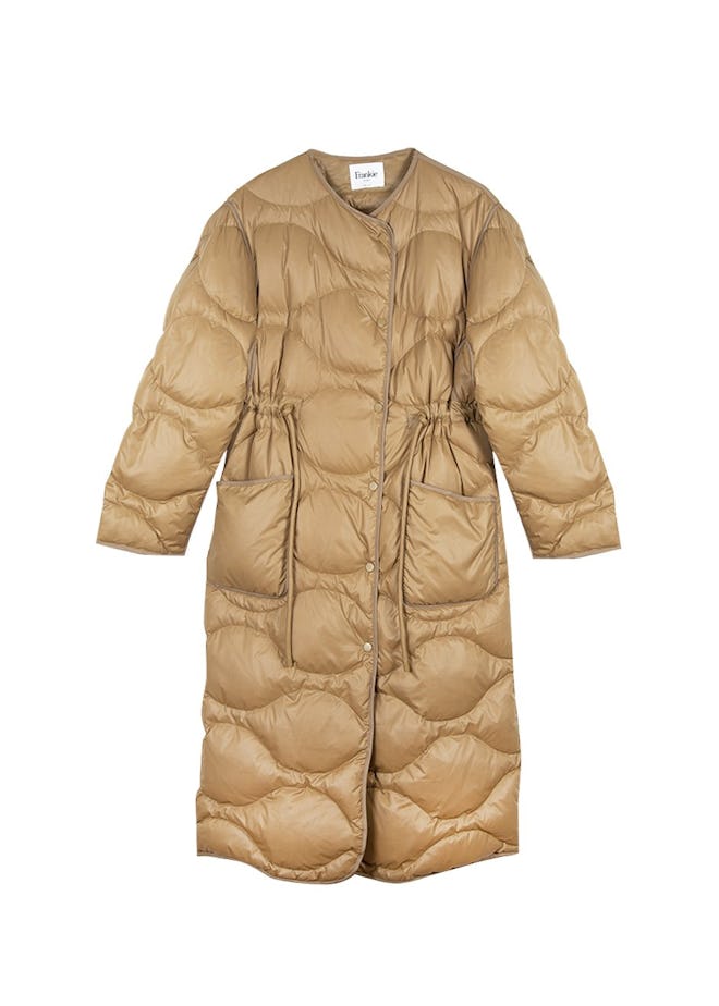  Collarless Tan Quilted Nylon Coat