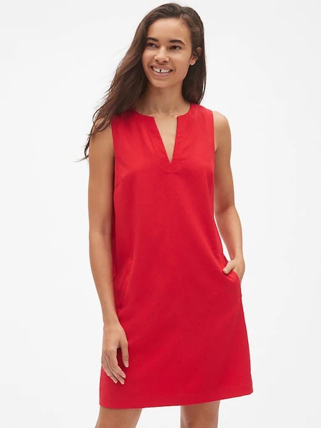 Sleeveless Split-Neck Shift Dress