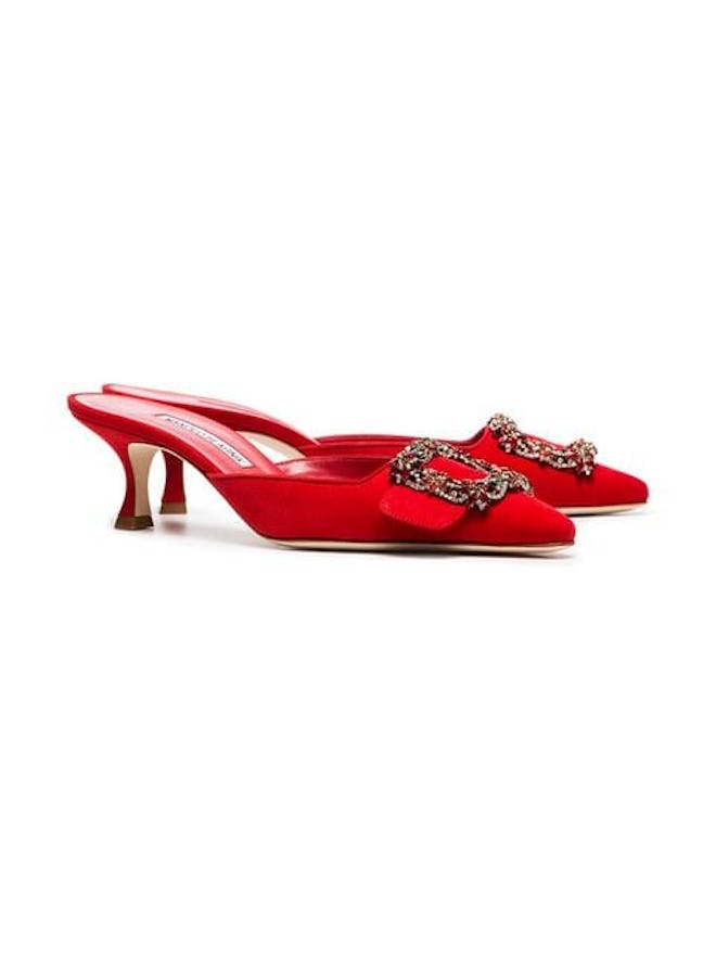 Red Maysale 50 Crystal Buckle Suede Mules