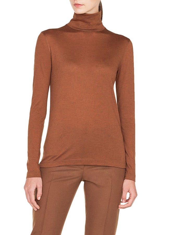 Turtleneck Long-Sleeve Cashmere-Silk Jersey Pullover Top