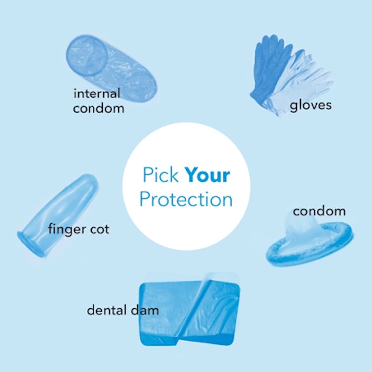 Gloves, condom, dental dam, finger cot, and internal condom with the text "pick your protection" 