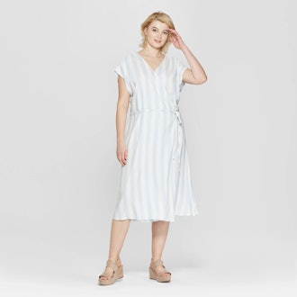 Ava & Viv Women's Plus Size Striped Short Sleeve V-Neck Wrap Maxi Dress
