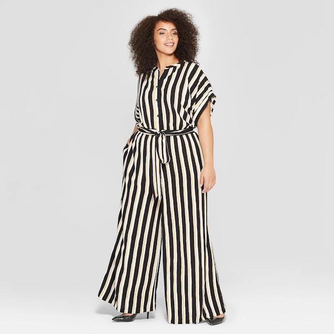 Who What Wear Plus Size Striped Short Sleeve Belted Wide Leg Jumpsuit