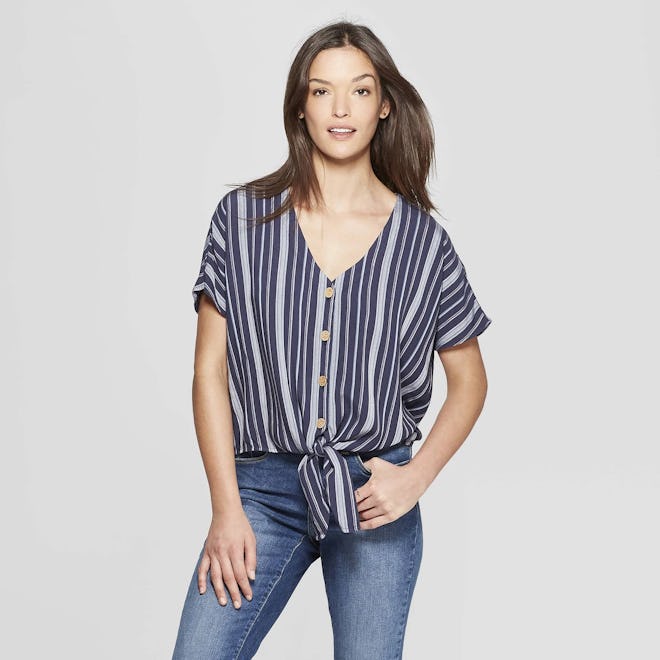 Universal Thread Women's Striped Short Sleeve Tie Front Top