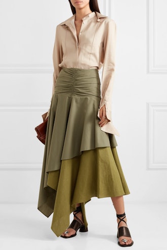 Asymmetric Ruffled Poplin and Linen Skirt