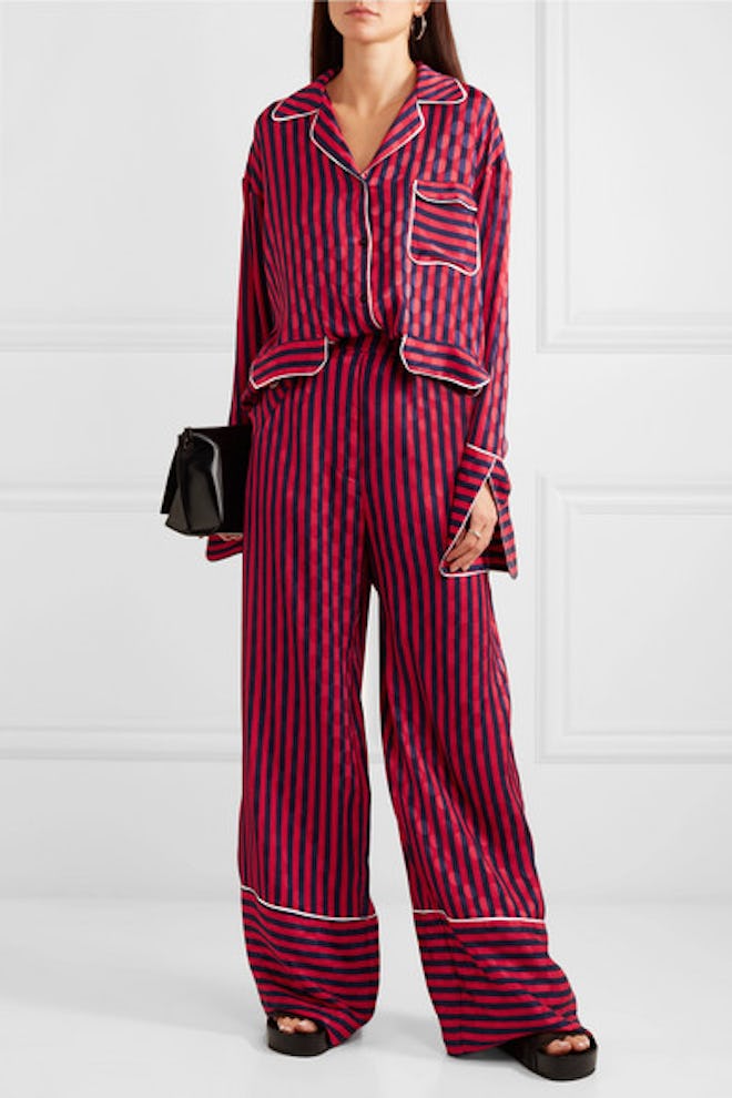 Oversized Striped Flocked Satin Shirt & Pajama Pants