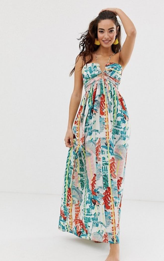 Lace Up Front Beach Maxi Dress in Stripe Palm Print