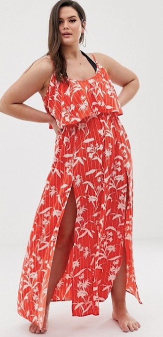 Double Layer Beach Maxi Dress in Flamenco Floral Stripe Print