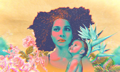 Illustration of a woman holding her newborn child while experiencing existential anxiety
