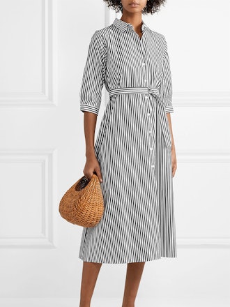 Belted Striped Cotton-Poplin Midi Dress