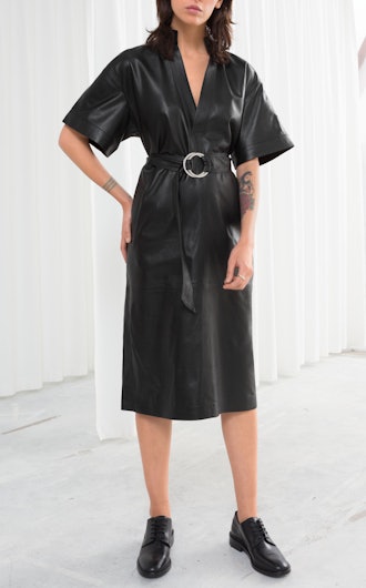 Belted Leather Midi Dress