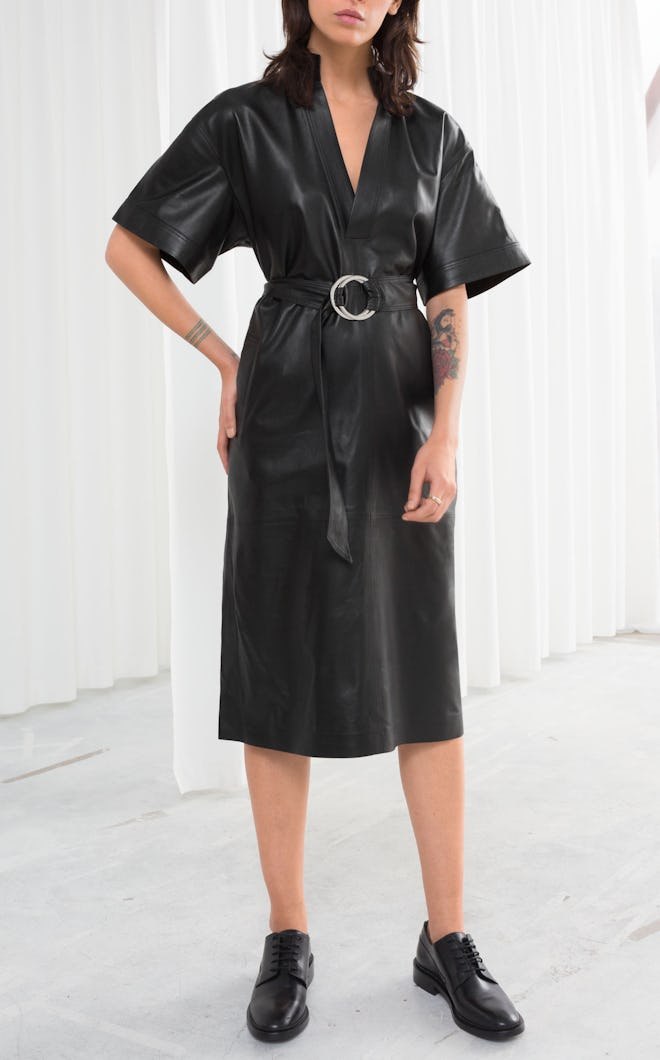 Belted Leather Midi Dress