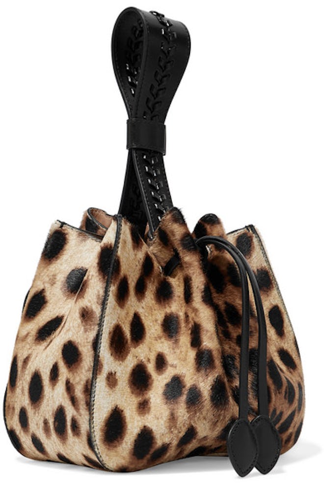 Leather-Trimmed Leopard-Print Calf Hair Bucket Bag