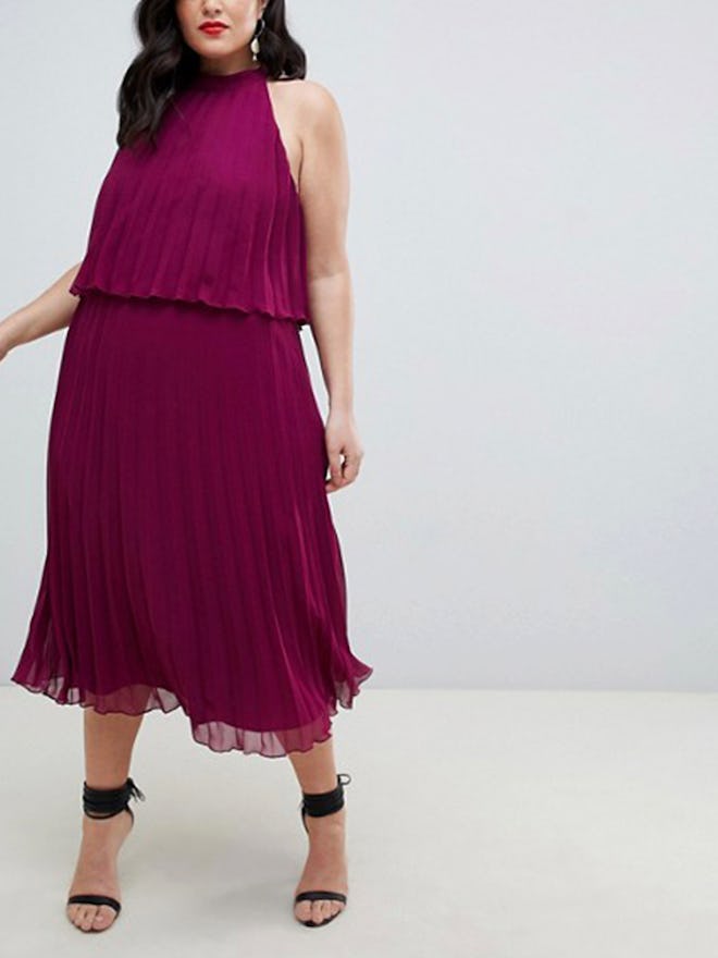 Curve Halter Tie Neck Midi Dress In Pleat