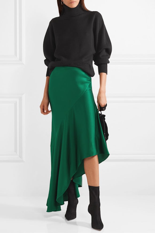 Asymmetric Satin-Crepe Midi Skirt