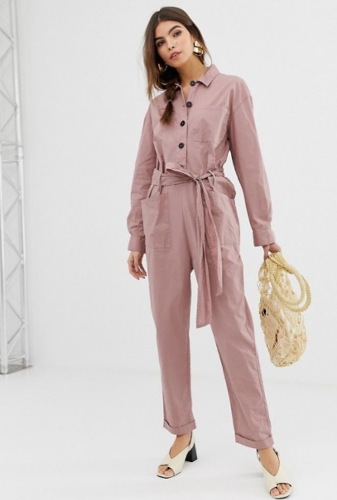 ASOS DESIGN boilersuit with button front and waist detail