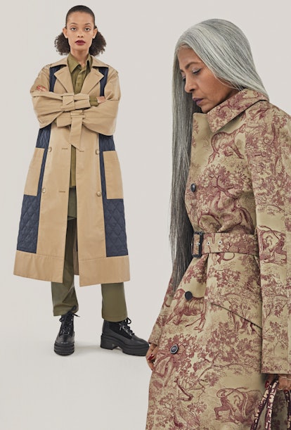 Collage of two models posing in light brown coats