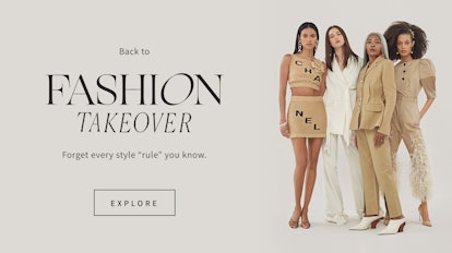Four models posing next to "back to fashion takeover" text