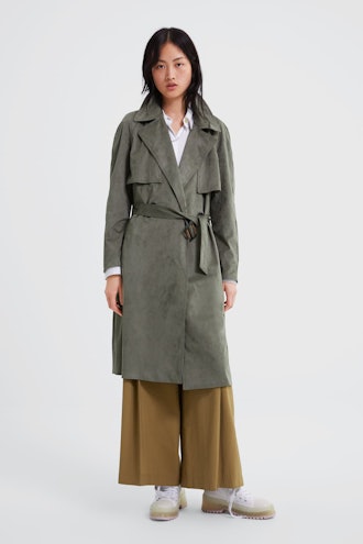 Faux Suede Double-Breasted Trench Coat