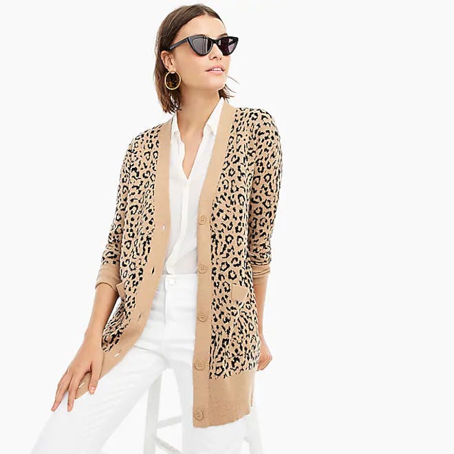 V-Neck Cardigan Sweater In Leopard Jacquard