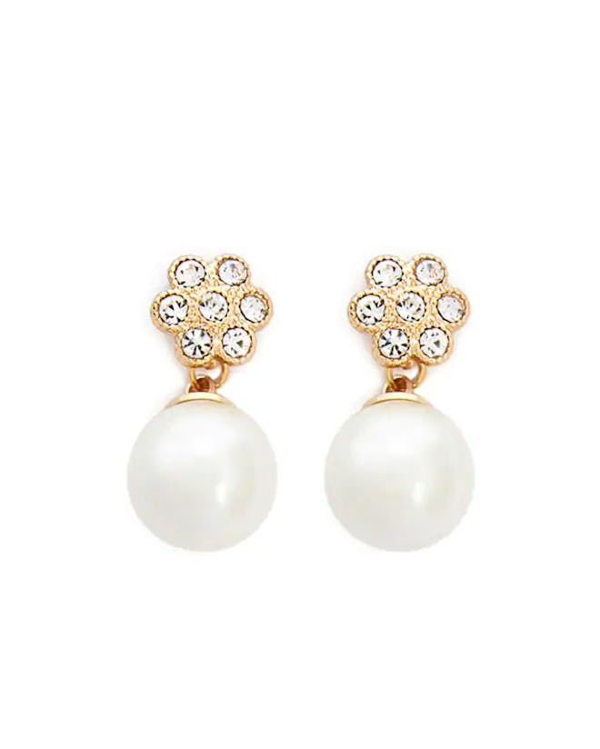 Floral Rhinestone and Faux Pearl Drop Earrings