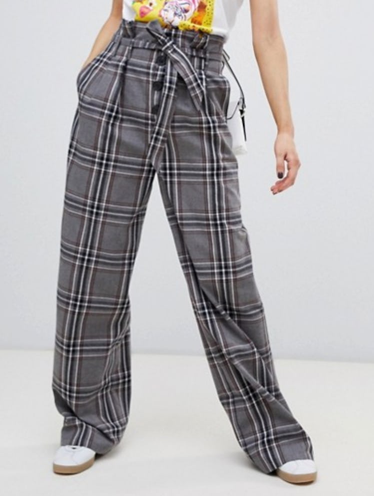Stradivarius check wide pants with tie waist detail