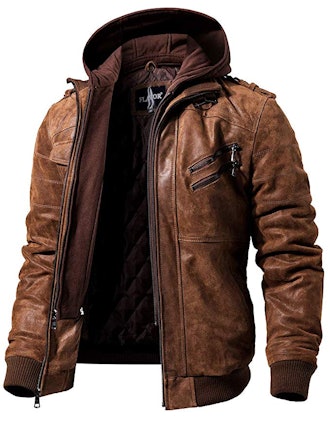 Flavor Brown Leather Motorcycle Jacket With Removable Hood
