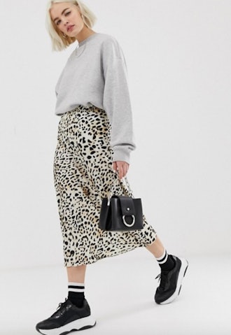 New Look Satin Midi Skirt in Leopard Print
